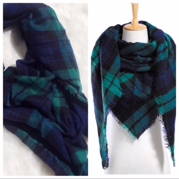 Accessories - Plaid Blanket Scarf Blue and Green